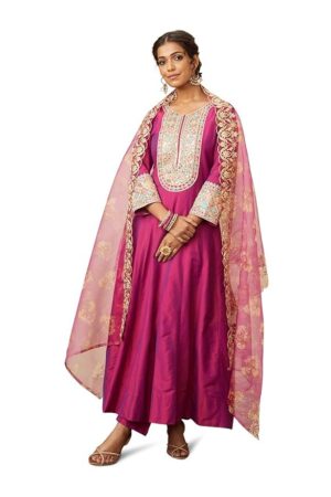 Brand - Myx Women's Embroidered Anarkali Kurta Pant Set with Organza Dupatta | Viscose, Rayon | A-line fit