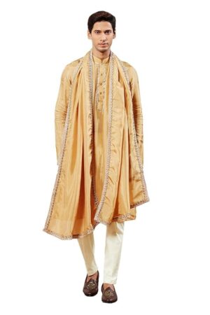 Men's Tissue Silk Kurta Pyjama Dupatta Set - Full Sleeves with Lace Detailing, Golden Border Dupatta for Weddings & Festive Occasions